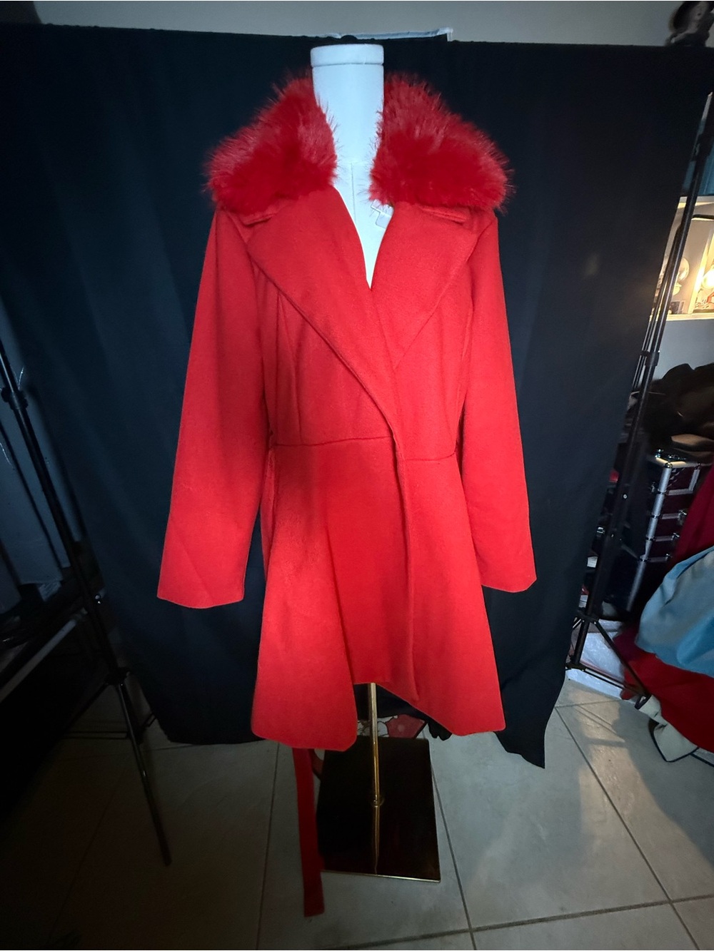 Red Faux-Fur Collar Pea Coat